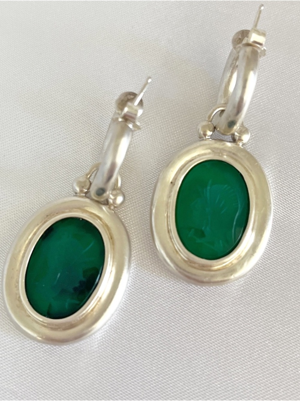 Green Stone Drop Vintage Oval Earrings Pierced 925 Sterling Silver 1990s